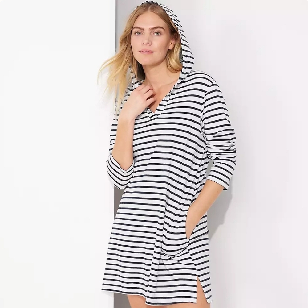 Lands' End Women's Navy Cotton Jersey Long Sleeve Hooded Swim Cover-up Dress XS